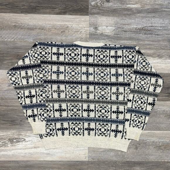 Vintage 90s St John's Bay Gray Blue Mens XL Geometric Chunky‎ Patterned Sweater - Picture 3 of 8